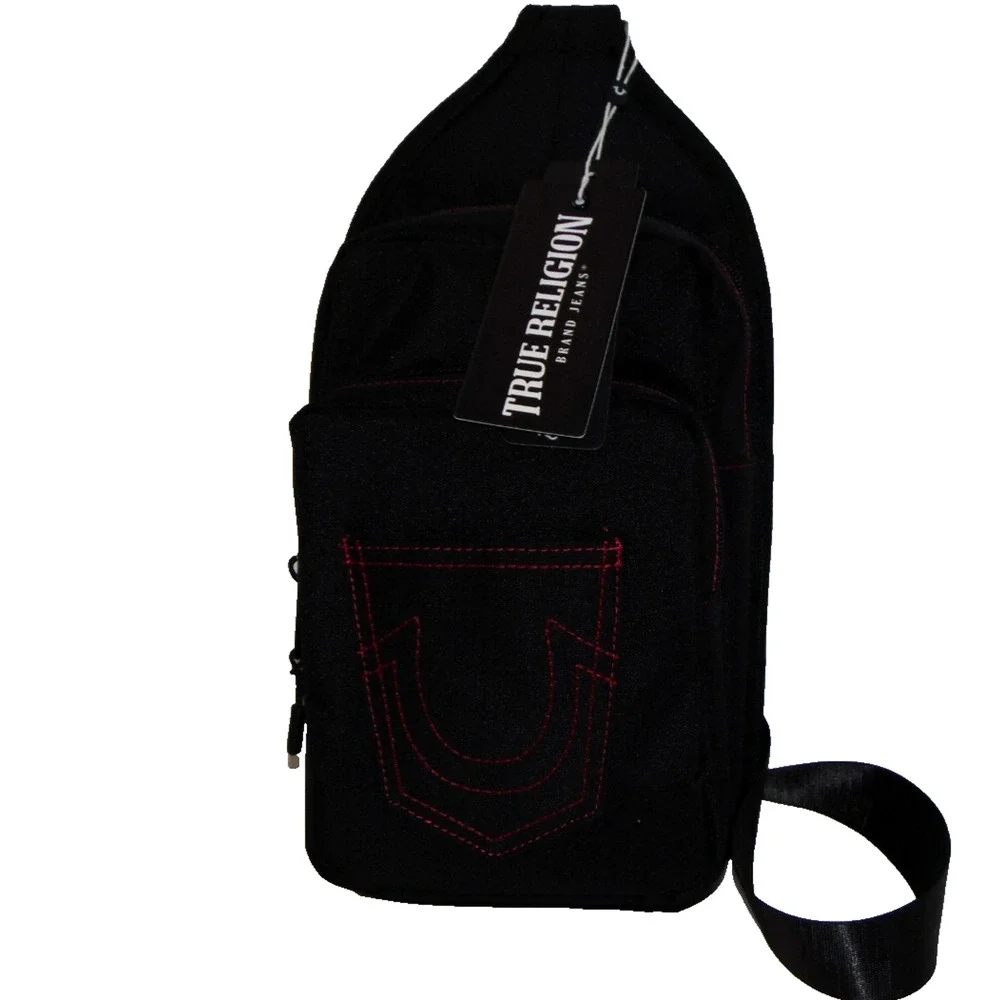 True Religion CORIE Sling Crossbody Bag Black Mesh Red Horseshoe Stitch Mens NWT